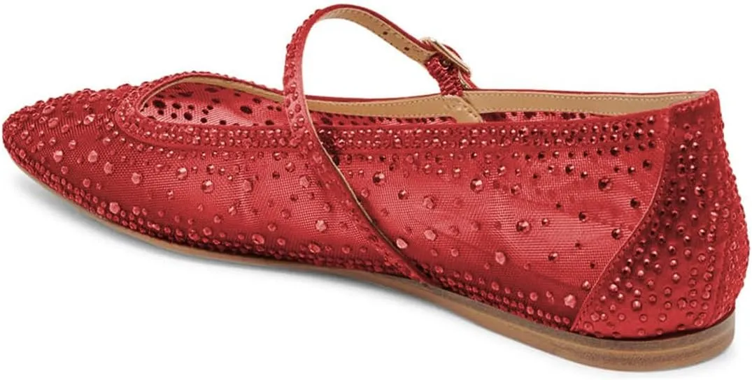 XYD Women Dazzled Crystals Ballet Flats Square Toe Strap with Buckled Mary Jane Dating Dress Shoes