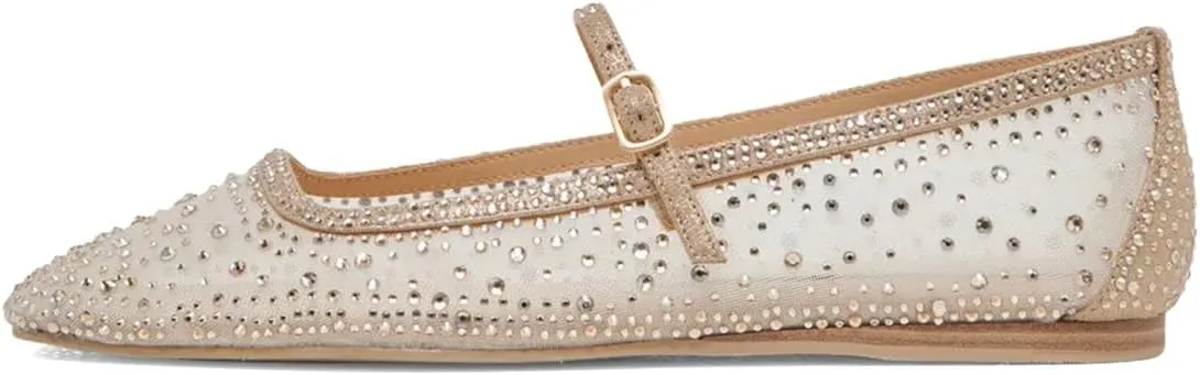 XYD Women Dazzled Crystals Ballet Flats Square Toe Strap with Buckled Mary Jane Dating Dress Shoes