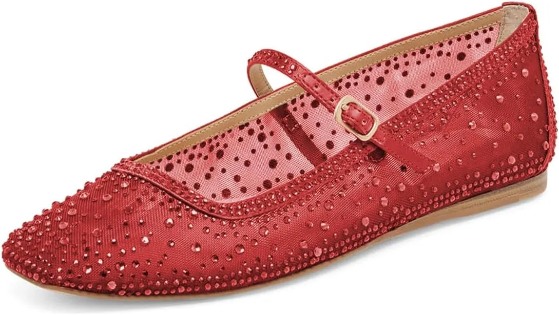 XYD Women Dazzled Crystals Ballet Flats Square Toe Strap with Buckled Mary Jane Dating Dress Shoes