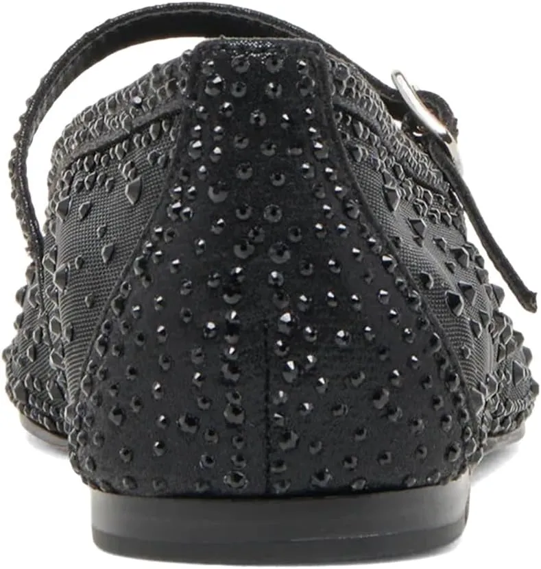 XYD Women Dazzled Crystals Ballet Flats Square Toe Strap with Buckled Mary Jane Dating Dress Shoes